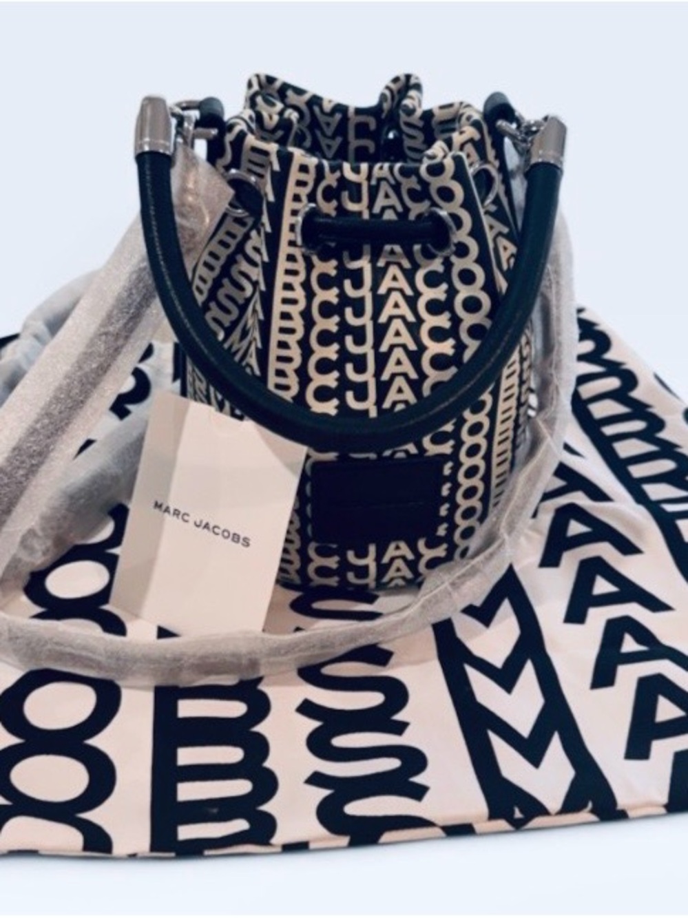 Marc Jacobs Black and White Logo Mini Bucket Bag